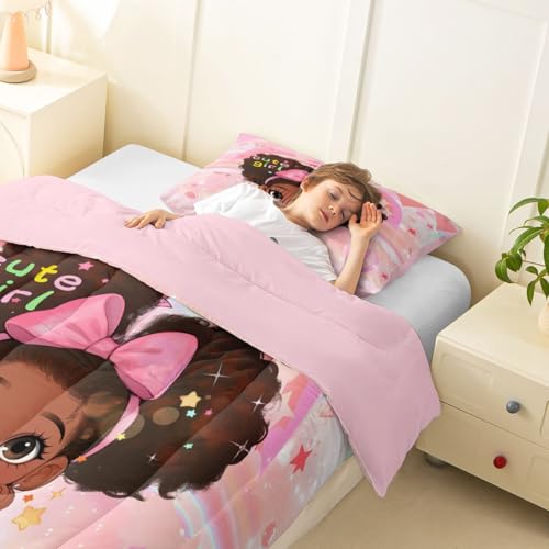 Image of Erosebridal Pink Black Girls Toddler Bedding Set Magical African American Comforter Set for Nursery Afro Little Girls Comforter Cute Room Decor Melanin Bedroom Decor (1 Comforter, 1 Pillowcase)