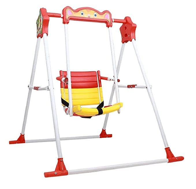 Image of BABYBLESSING Garden Swing|Single Seater|Swing For School,Terrace, Garden|Adjustable Ropes And Ground Pegs|With Safety Locks|Durable|Red&Yellow|Alloy Steel, 103.5 CM
