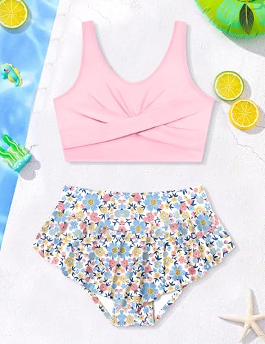 Image of Qaoerde Girls Swimsuit Tropical Print Bikini Set with Ruffle Hem Two Piece Criss Cross Bathing Suits for Girls 7-16 Years
