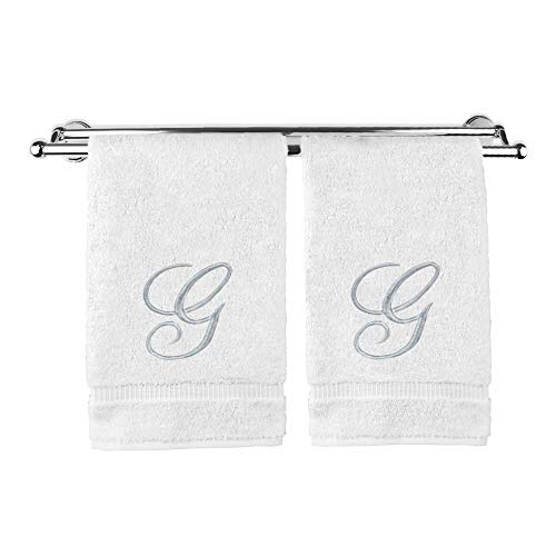 Monogrammed Hand Towel, Personalized Gift, 16 x 30 Inches - Set of 2 - Silver Embroidered Towel - Extra Absorbent 100% Turkish Cotton- Soft Terry Finish - For Bathroom, Kitchen and Spa- Script G White