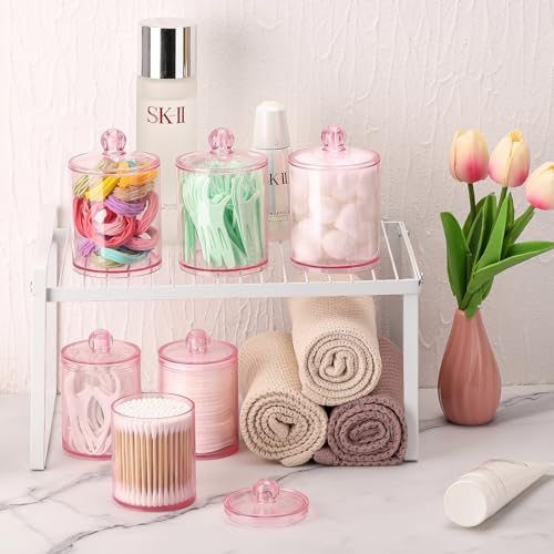 Image of Tbestmax 6 Pack Qtip Holder - 12 oz, 10 oz Bathroom Organizer and Storage Containers, Plastic Apothecary Jars with Lids for Cotton Ball, Cotton Swab, Floss, Pink