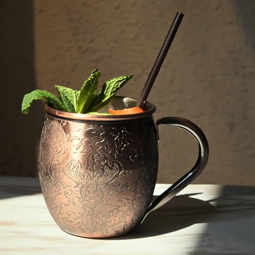 SKY FISH 3D Etched Moscow Mule Mugs Set of 2 Stainless Steel Copper Mugs 18 oz Premium Gift Set with 2 Cocktail Straws, Jigger