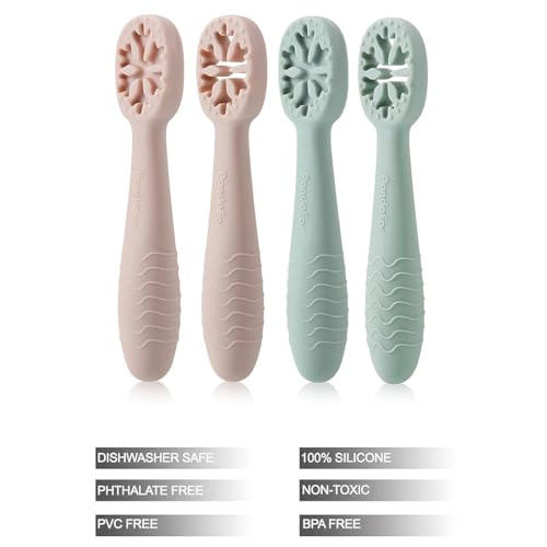 PandaEar 4er Set Lernlöffel für Baby, Starter Breilöffel Fütterlöffel Babylöffel Silikon Esslernlöffel Weich Flexibel Kinder Besteck BPA-frei für Säugling Kind Kleinkind ab 4 Monaten (Rosa Grün)