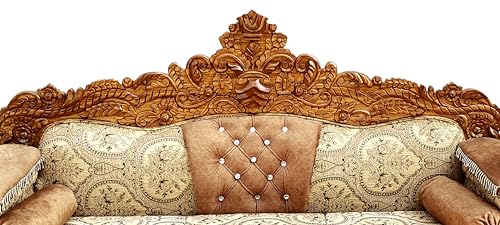 Image of Wooden 5 Seater Sofa Set with Center Table | 3+1+1 Solid Wood Hand-Carved Brown Sofa with Traditional Design Furniture for Living Room | Home | Office