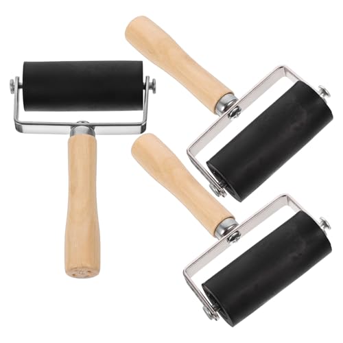 DECHOUS 3個 版画工具ゴムローラー 滑らかで均一なインク 接着剤塗用 持ちやすい木製ハンドル付き から大人まで使えるアート クラフト用印