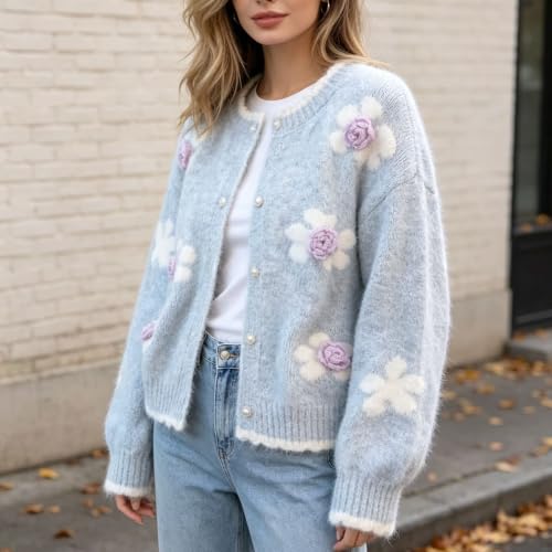 Image of FindThy Women's Kawaii 3D Floral Cardigan Long Sleeve Crewneck Knit Cardigan Sweaters