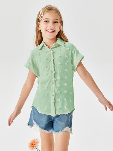Image of Haloumoning Girls Button Down Shirts Short Sleeve Kids Casual Chiffon Blouse Summer Tops T-Shirt