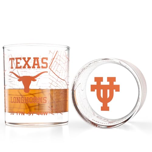 Image of Greenline Goods - University of Texas Longhorns College Whiskey Glasses (Set of 2), 10 oz - Full-Color Logo + Campus Map