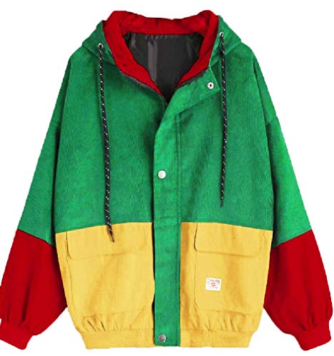 Wofupowga Mens Color Block Hooded Jacket,Corduroy Loose Pocket Outwear Retro Jacket M-Army Green M