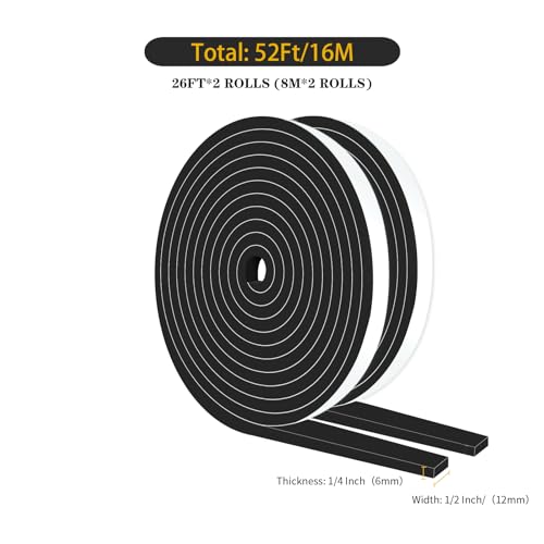 Image of Door Seal Strip,High Density CR Insulation Tape,1 /2 in x 1 /4 in x 52Ft | Air Conditioner Foam,Strong Adhesive,Soundproof, Dustproof,Reduce Noise,High Density CR Foam Insulation Tape,Black