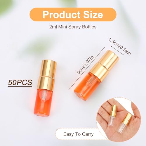 50 Pcs Mini Spray Bottles, 2 ml Clear Glass Perfume Bottles, Refillable Fine Mist Perfume Atomizer, Portable Empty Sample Containers for Cleaning, Essential Oils, Travel (Gold Cap)2