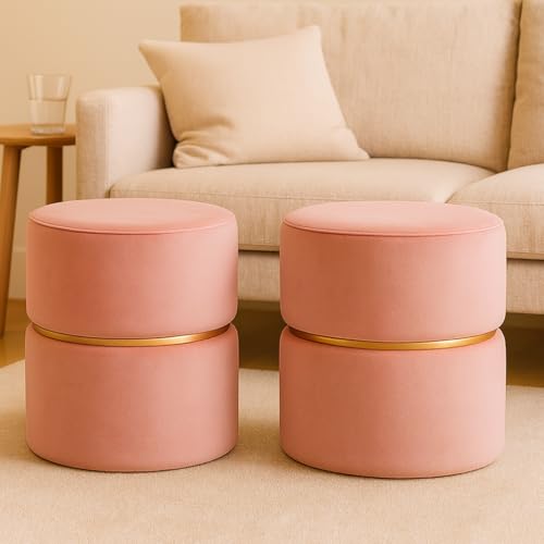 Image of Wooden Puffy Stool for Living Room Round Footstool - Ottoman Stool for Living Room Furniture Round Ottoman - Sitting Pouffe Ottoman Stool /Room Dcor /Office Stool - (Set of 2 Pink)