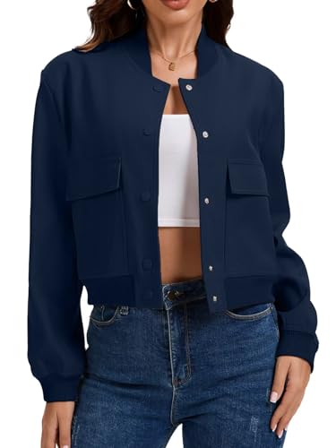 imbpceu Women Bomber Jacket Casual Long Sleeve Button Down Varsity Jackets with Pockets