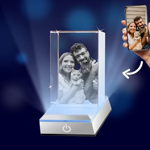 3D Crystal Photo with Free LED Light Base Options, Personalized Gifts with Your Own Photo, Pet Memorial Gifts, Laser Engraving 3D Pictures and Customized Text (Portrait)