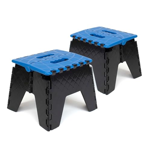 The Secret Home - Pack de 2 Taburetes Plegables Multiusos - Escalera Antideslizante de PVC - Altillo para Cocina, Baño o Dormitorio (Azul/Negro, 25x21x21)