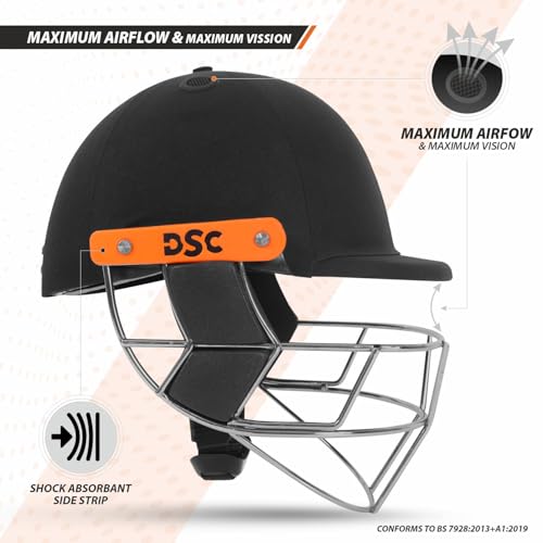 Image of DSC Empra Titanium BSI Approved Professional Cricket Helmet | BS7928 Certified Pro-Standard Hard Ball Helmet with Ultra-Light Titanium Grill & Advanced Shock Absorption | Color: Black | Size: L