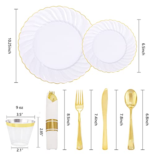 Youbet 350Pcs Gold Plastic Plates - Disposable White And Gold Plastic Plates Include 100Plates, 50 Pack Pre Rolled Napkins With Gold Plastic Silverware And 50Cups Perfect For Wedding/Parties #TOP1