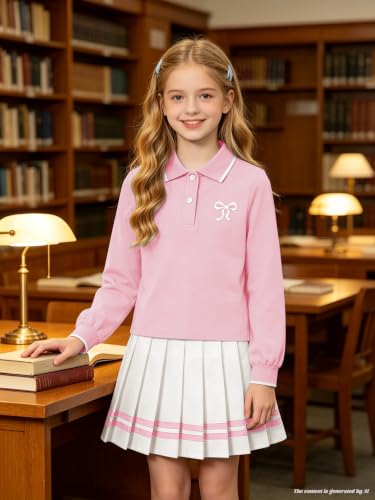 Image of Betusline Girls Skirt Set Long Sleeve Polo & Pleated Skirt, 4-14Y