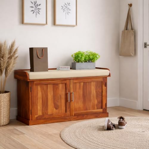 Image of Jangid Handicraft Solid Sheesham Wood Seating Bench for Balcony with Cushion |Outdoor Wooden Shoe Rack Organizer for Home & Office | 2 Shelf & Door Cabinet with Storage |Provincial Teak Finish
