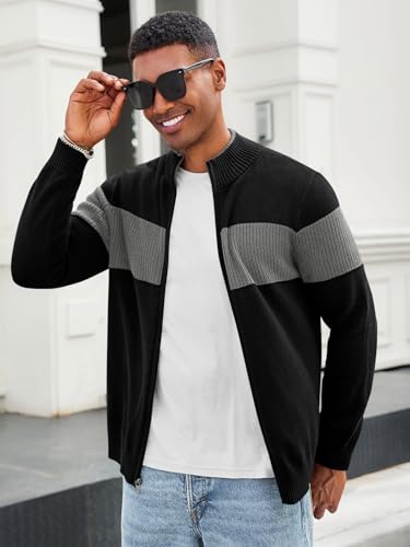Runcati Mens Full Zip Cardigan Sweater Casual Knit Stand Collar Cardigan Slim Fit Color Block Fall Winter Sweaters3