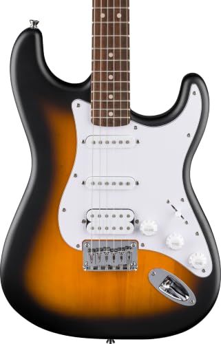 Image of Squier by Fender Debut Collection HT HSS Stratocaster Electric Guitar, Laurel Fretboard, White Pickguard, 2 Tone Sunburst | Starter electric guitar, free lessons included, 2-year warranty, HSS pickups, satin finish, ideal for kids and adults