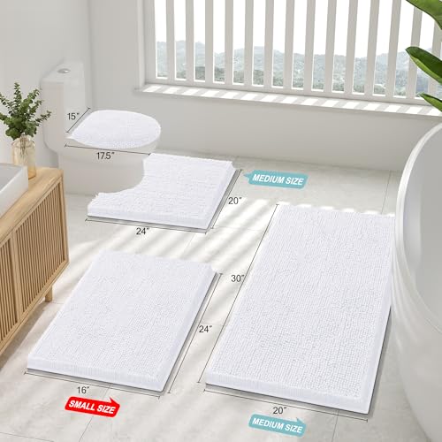 Smiry Luxury Chenille Bathroom Rugs 59x24, Extra Soft and Absorbent Shaggy Bath Mat, Machine Washable, Non-Slip Plush Carpet Runner for Tub, Shower, and Floor, Home Decor Accessories, White