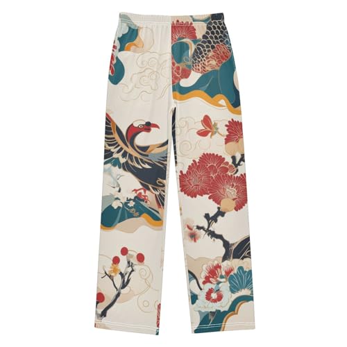 Chinese Bird Flowers Boys Long Pants Soft Trousers Elastic Waist Kids Lounge Bottoms with Pockets S-XL
