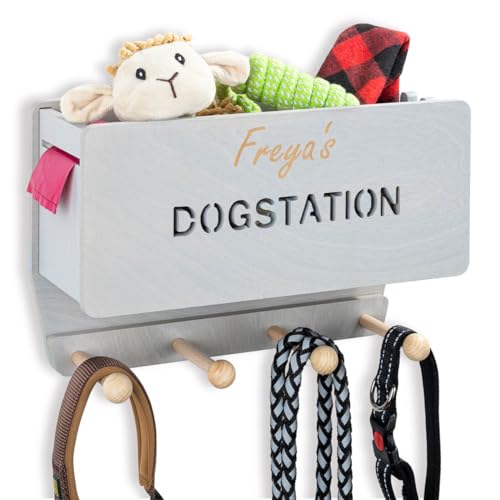 INEXTERIOR Hundegarderobe CLASSIC aus Holz - personalisierbar - in Deutschland handgefertigt - Aufbewahrung für Hundeleinen (Grau, Schriftzug Dogstation + Name)