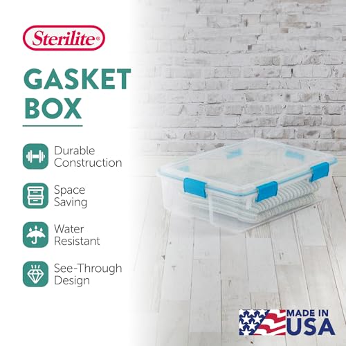 Image of Sterilite Gasket Storage Box with Lids for Home & Office, 37 Quart, 4-Pack | Heavy-Duty, Stackable, and Organizing Containers for Bathroom, Cabinet, Closet, and Garage, Clear and Blue Aquarium Latches