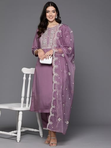 Image of INDO ERA Women's Silk Blend Embroidered Straight Kurta & Pant with Dupatta Set (SHUTR7630)
