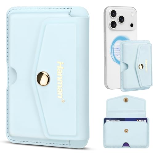 Hanman Magnetic Card Holder Compatible with iPhone 17/16/15/14/13/12 Series,Magnetic Phone Wallet Leather Card Holder Stick on Back of Phone with Metal Clasp,Hold Up to 4 Cards-Baby Blue