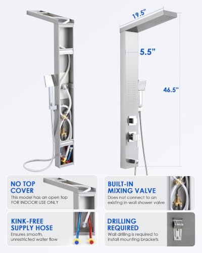 Image of ROVOGO Sleek Shower Panel Tower System, 4 Functions, 46-1 /2 inch H, Brushed