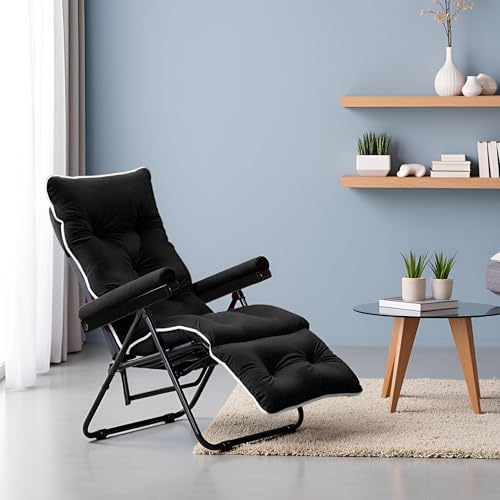 Image of Spacecrafts Premium Steel Recliner Chair for Home Relaxation | Foldable, Space-Saving Easy Chair with Cushion & Arm Rest | 5 Adjustable Positions Zero Gravity Recliner for Elderly & Sleep | Black