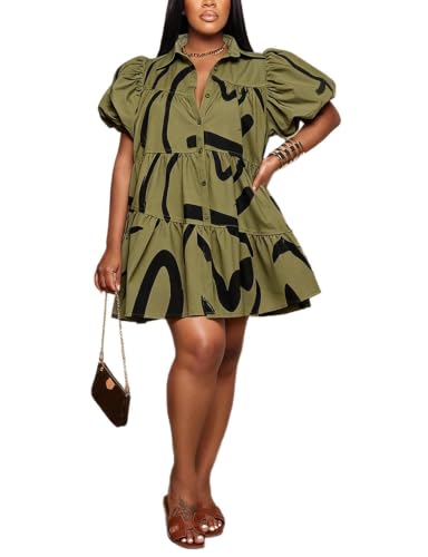 Image of WOKANSE Women's Cute Babydoll Dresses Casual Loose Puff Sleeves Ruffle Hem Button Down Pleated Shirt Dress
