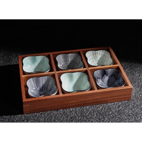 MsiDtsoy 小皿セット 小鉢 調味料皿フルーツプレート 竹トレー 深仕切り セラミック ディップセット デザートソース デザート 前菜 おかず 漬物皿 和食器 陶器 懐石料理 鍋物 焼肉 寿司屋 (6グリッド)