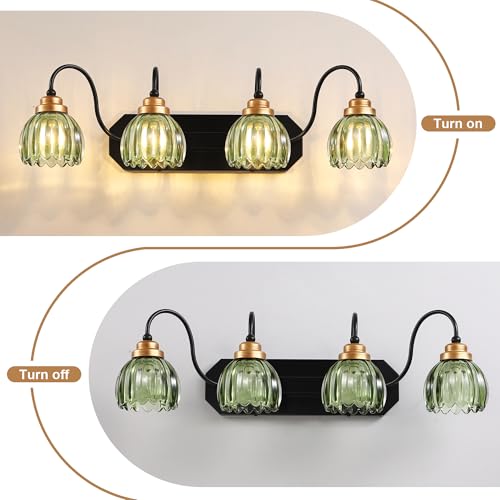 Image of Vintage Gold Bathroom Light Fixtures, 4 Light Green Tulip Crystal