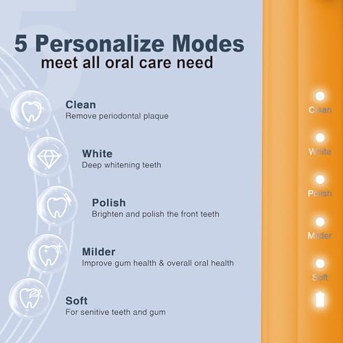Image of 7AM2M Sonic Electric Toothbrush for Adults and Kids, with 8 Brush Heads and Travel Case,5 Modes with 2 Minutes Built in Smart Timer, One Charge Use for 90 Days, Rechargeable Toothbrushes (Orange)