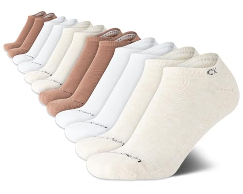 Calvin Klein Women's No Show Socks - 12 Pack Cushioned Athletic Low Cut Ankle Socks for Women - Breathable Sports Socks(4-10), Size 4-10, Beige