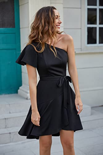 Grace Karin Black Cocktail Dress For Women Party Casual One Shoulder Club Dresses Elegant Short Sleeve A-Line Wrap Ruffle Hem Dress Black L #TOP2