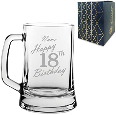 Personalised Engraved Tankard Beer Mug Stein Happy 18th Birthday Handwritten Design Gift Boxed, 16.75oz/495ml Classic Beer Glass, Any Name, Engraved in The UK