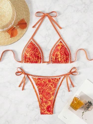 Image of BYFINECANY Women's Floral Printed Bathing Suit Halter Paisley Summer Swimsuit Bikinis Set