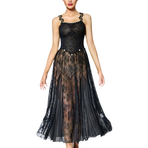 Oxxggkao Camisón ligero de encaje transparente con perlas decorativas, vestido de lencería de malla, ropa de dormir para mujer, camisón de encaje para mujer, Negro, L