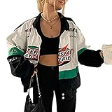 Onsoyours Bomberjacke Damen Sweatjacke Ladies College Sweat Jacket Druckknopf Für Frauen Oversized Patchwork Jacke Vintage Brief Druck Jacken Baseball Mantel V Weiß S