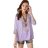 Bluse mit Blumenstickerei, Boho, Vintage-Chic, Frauen, ethnische Hippie-Hemdbluse Lavender L