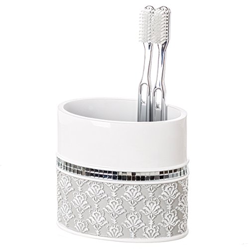 Creative Scents Mirror Damask Toothbrush Holder for Bathroom - Gray & White Toothbrush and Toothpaste Holder - Decorative Toothbrush Cup for Bathroom Holds Multiple Standard Or Electric Toothbrushes