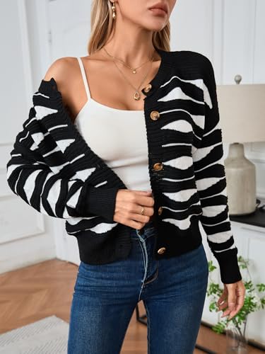 Image of Verdusa Women's Striped Button Up Cardigans Long Sleeve Crew Neck Knitted Cardigan Sweaters Black and White Small