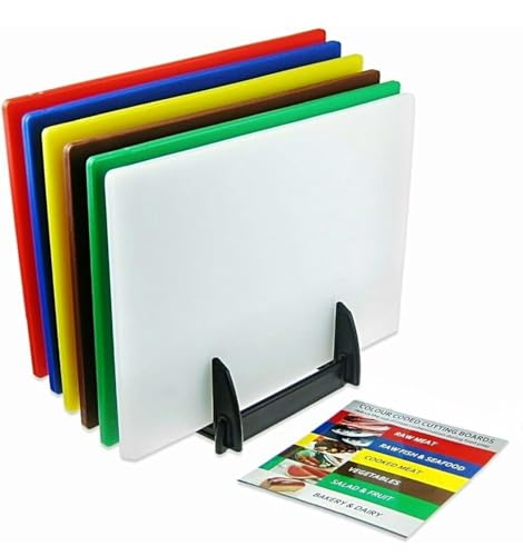 Acense Professional Large Colour Coded Chopping Boards for Commercial Kitchen with Rack - 45 x 30 x 10mm - Assorted Set of 6