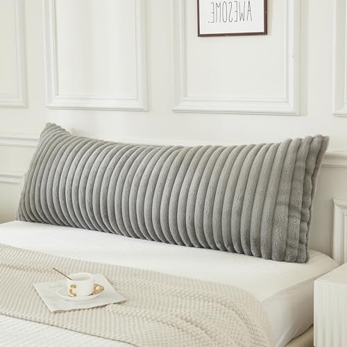 JAUXIO Faux Fur Fluffy Body Pillow Cover Luxury Textured Vertical Stripe Plush Decorative Body Pillowcase, Ultra Soft and Cozy Zipper Closure 21 x 54 Inches, Light Grey
