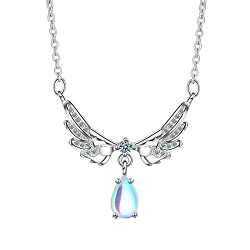 Preisvergleich Produktbild AllRing Damen Halskette Exquisite Anhänger Halskette Stilvoll Temperament Flügel Mondstein Clavicle Kette Kristall Halskette Elegant Silber Hochzeit Schmuck Geschenk für Frauen Mädchen Damen