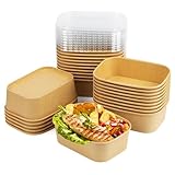 Fniiva 25​ Pack 25 oz Paper Bowls, Disposable Food Containers with Lids, Rectangular Disposable Bowls, Disposable Salad Bowls with Lids for Diet Salad, Ice Cream, Yogurt, Party Food